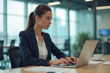 Jeune femme professionnelle travaillant sur son ordinateur dans un bureau moderne