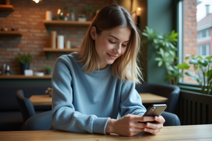 Jeune femme au café explore une application sociale