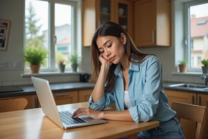 Jeune femme assise à la cuisine avec un ordinateur portable
