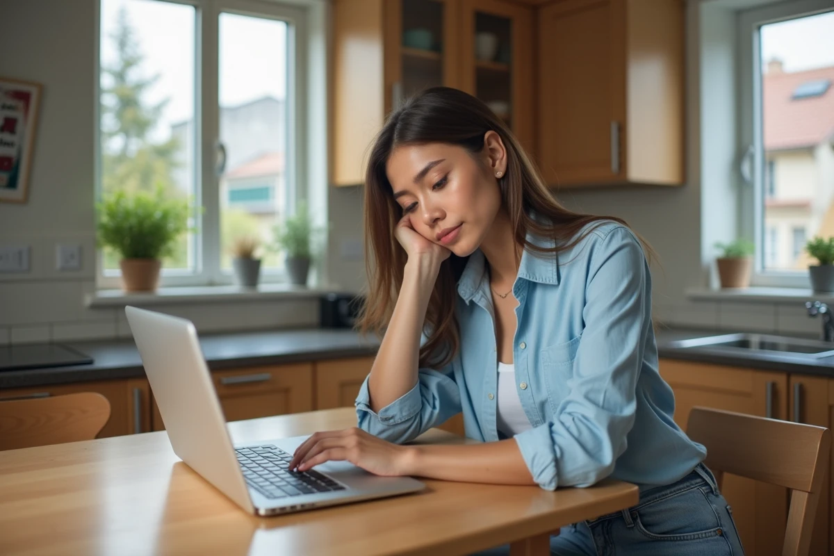 Jeune femme assise à la cuisine avec un ordinateur portable