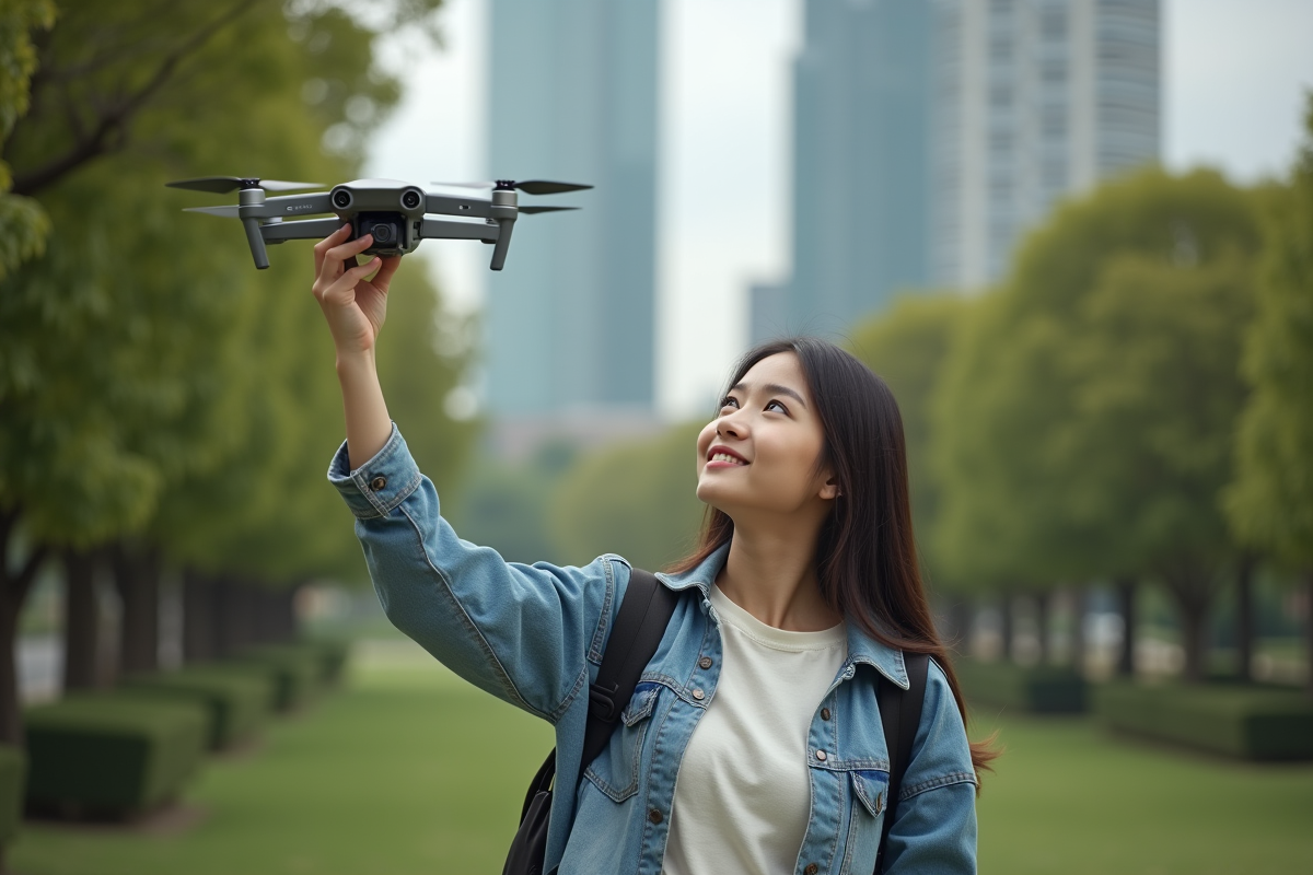 Jeune femme tient un drone moderne dans un parc verdoyant