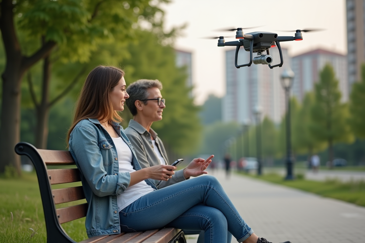Jeune femme en jeans discutant avec une femme âgée sous un drone dans un parc