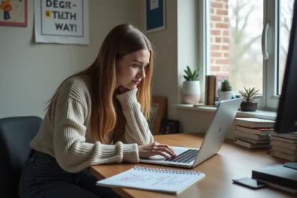 Jeune femme en sweater concentrée sur son ordinateur portable
