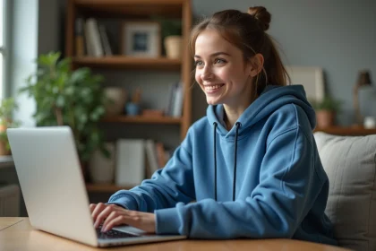 Jeune femme en hoodie joue à un jeu sur son ordinateur dans un bureau cosy