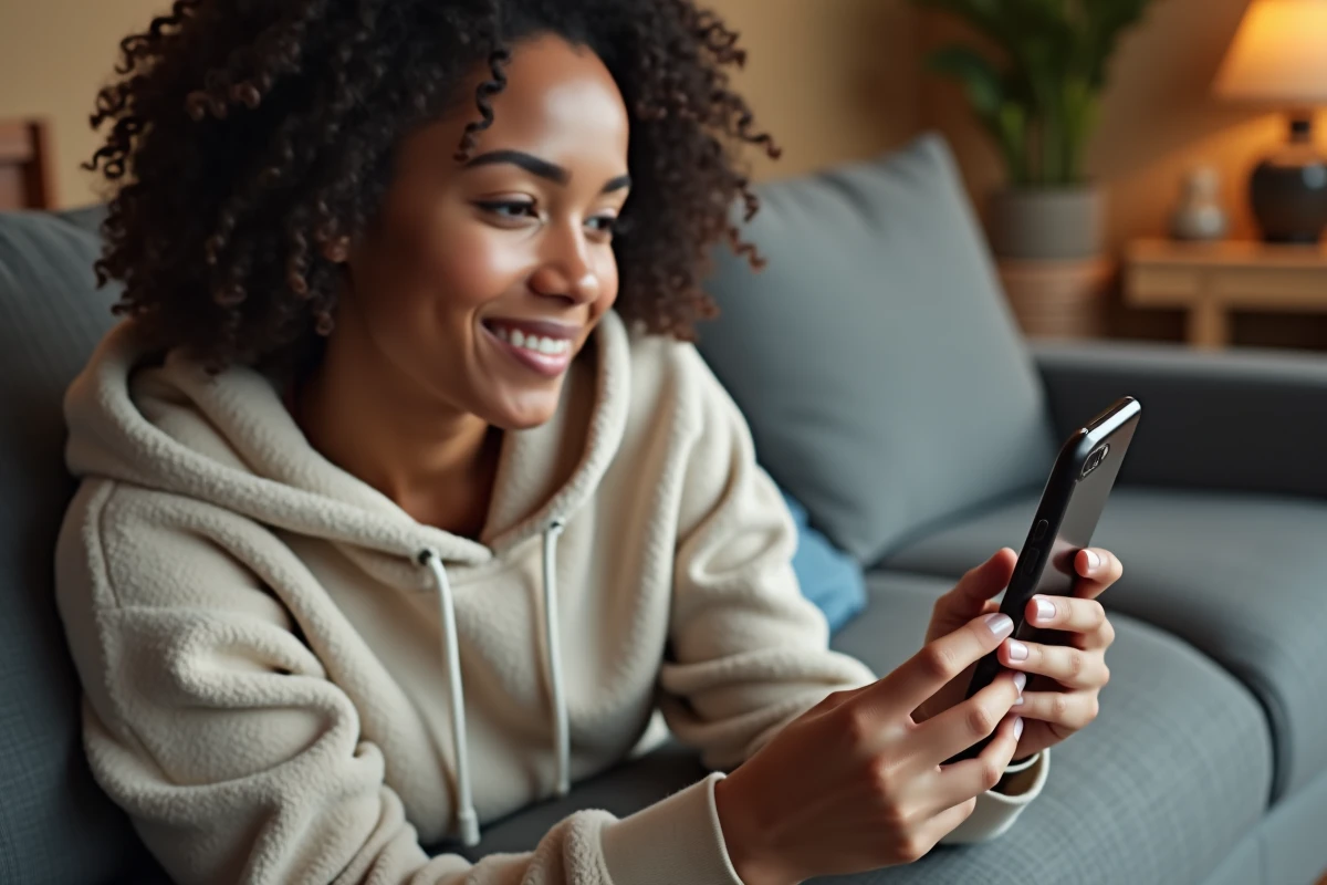 Jeune femme consultant une application de récupération de photos supprimées sur iPhone dans un salon