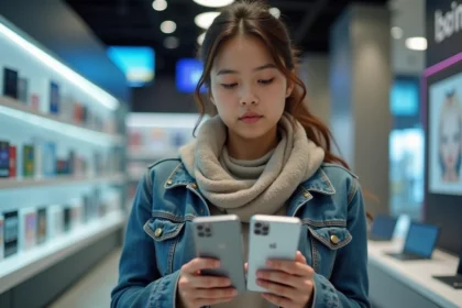 Jeune femme examine deux smartphones en magasin