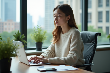 Jeune femme travaillant sur un ordinateur dans un bureau moderne
