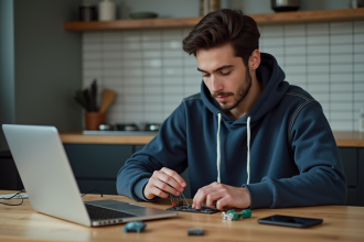 Jeune homme assemble un circuit pour GPS dans la cuisine