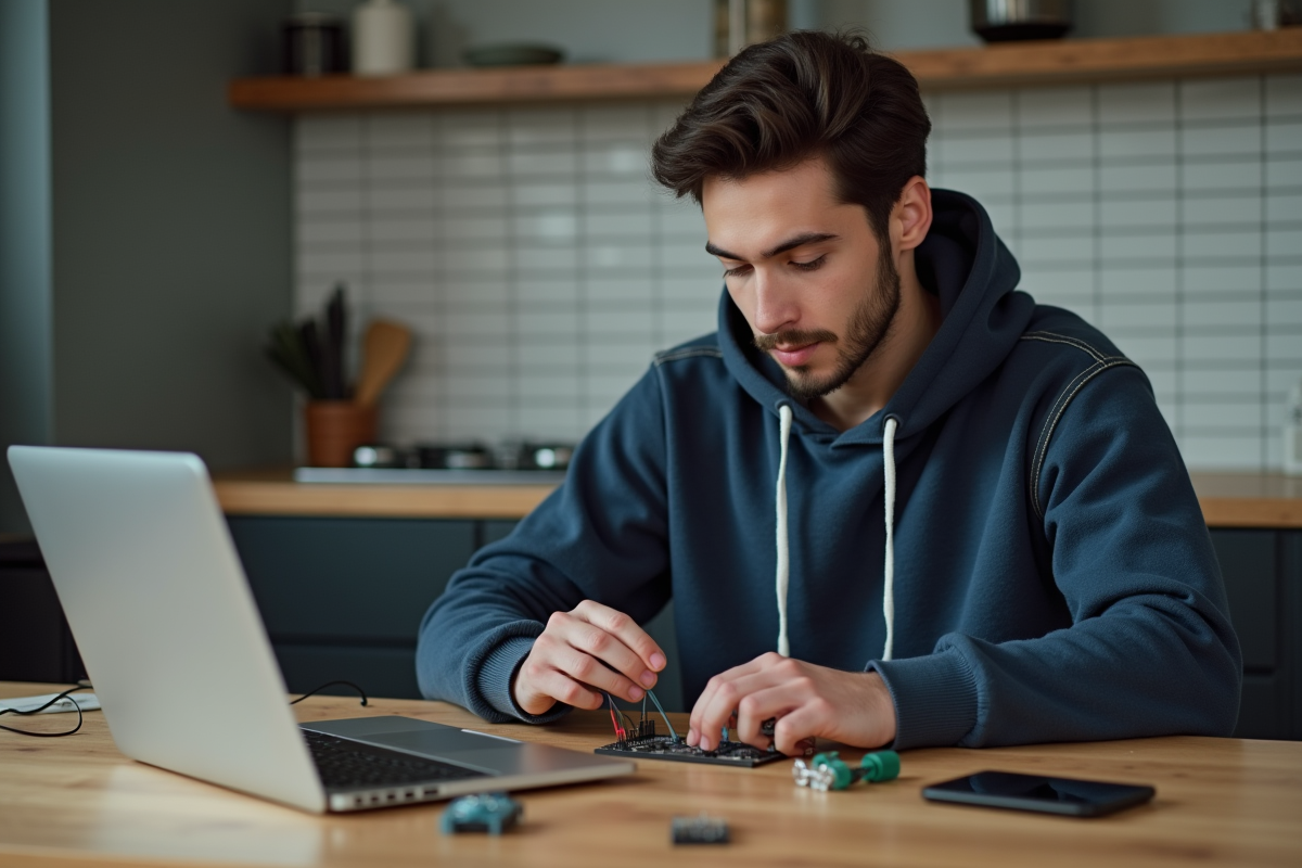 Jeune homme assemble un circuit pour GPS dans la cuisine