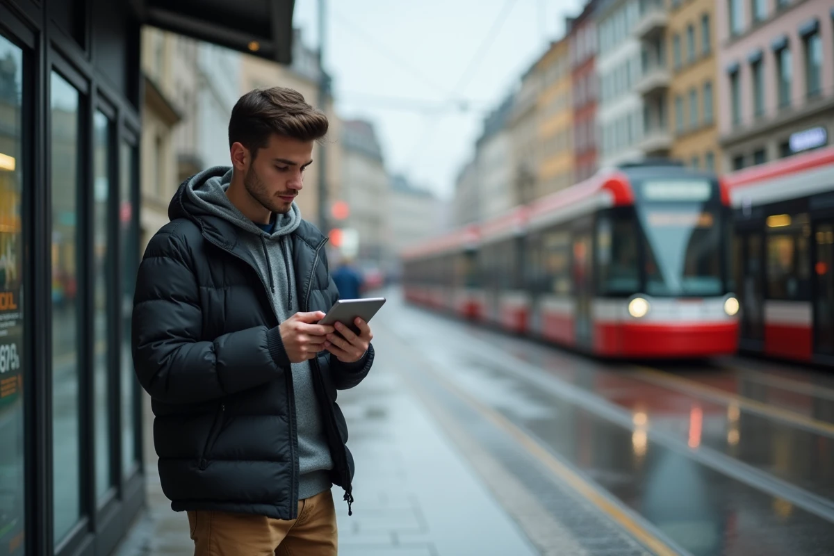 Jeune homme vérifiant la météo sur une tablette à l
