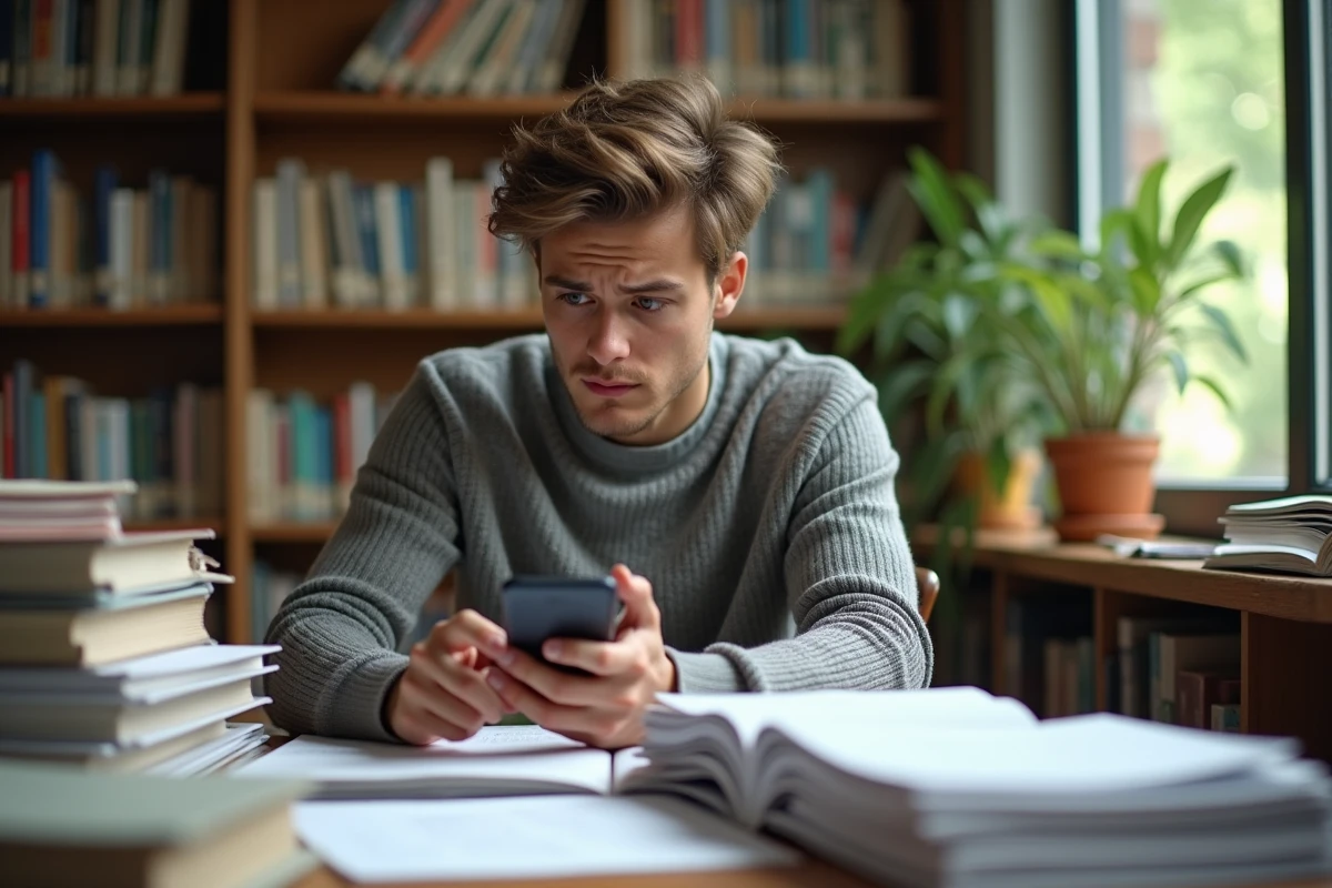 Jeune homme à la bibliothèque avec documents et smartphone
