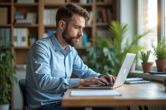 Jeune homme en bureau moderne utilisant un ordinateur portable
