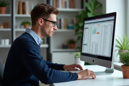 Jeune homme en bureau moderne regarde un écran d'ordinateur