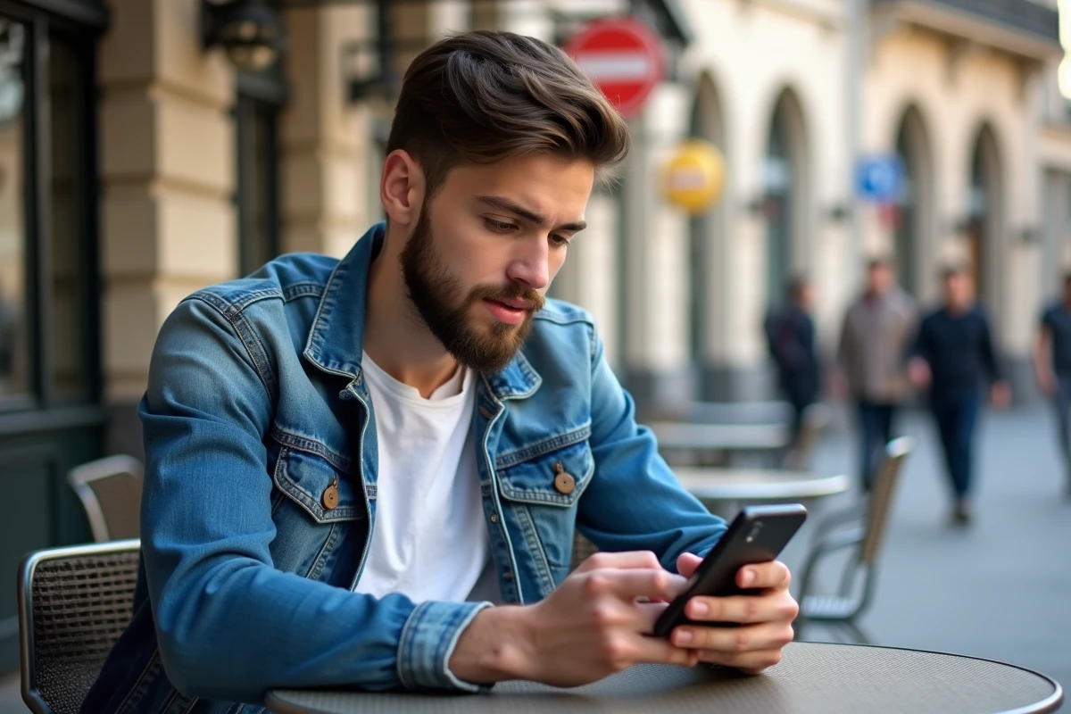 Jeune homme configurant ses emails sur smartphone en extérieur urbain