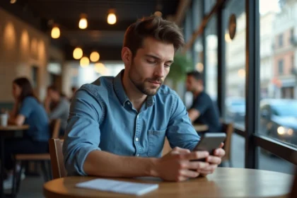 Jeune homme au café vérifiant sa mise à jour logiciel