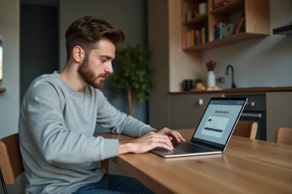 Jeune homme configurant sa box internet dans un appartement cosy