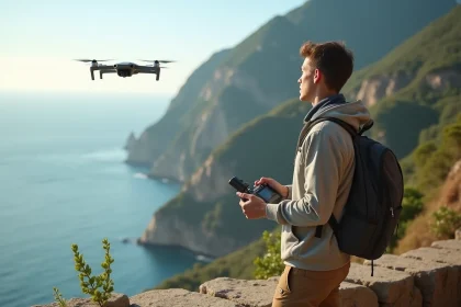 Jeune homme avec drone sur une falaise côtière