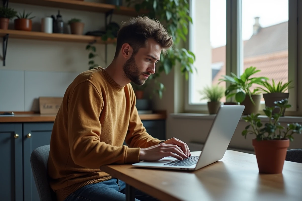 Jeune homme en cuisine utilisant un ordinateur portable