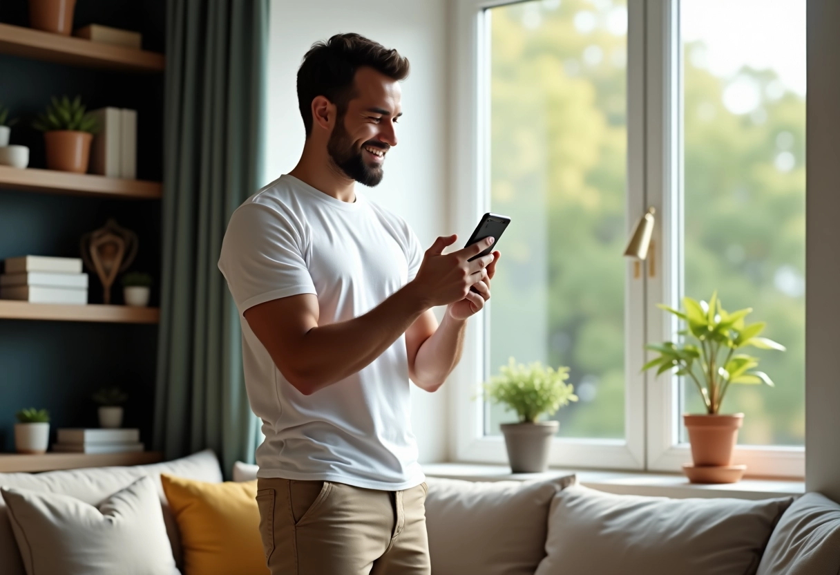 Jeune homme dans le salon utilisant son téléphone