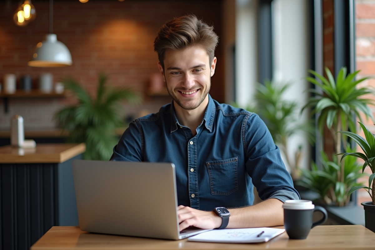 Jeune marketeur travaillant sur son ordinateur dans un café moderne