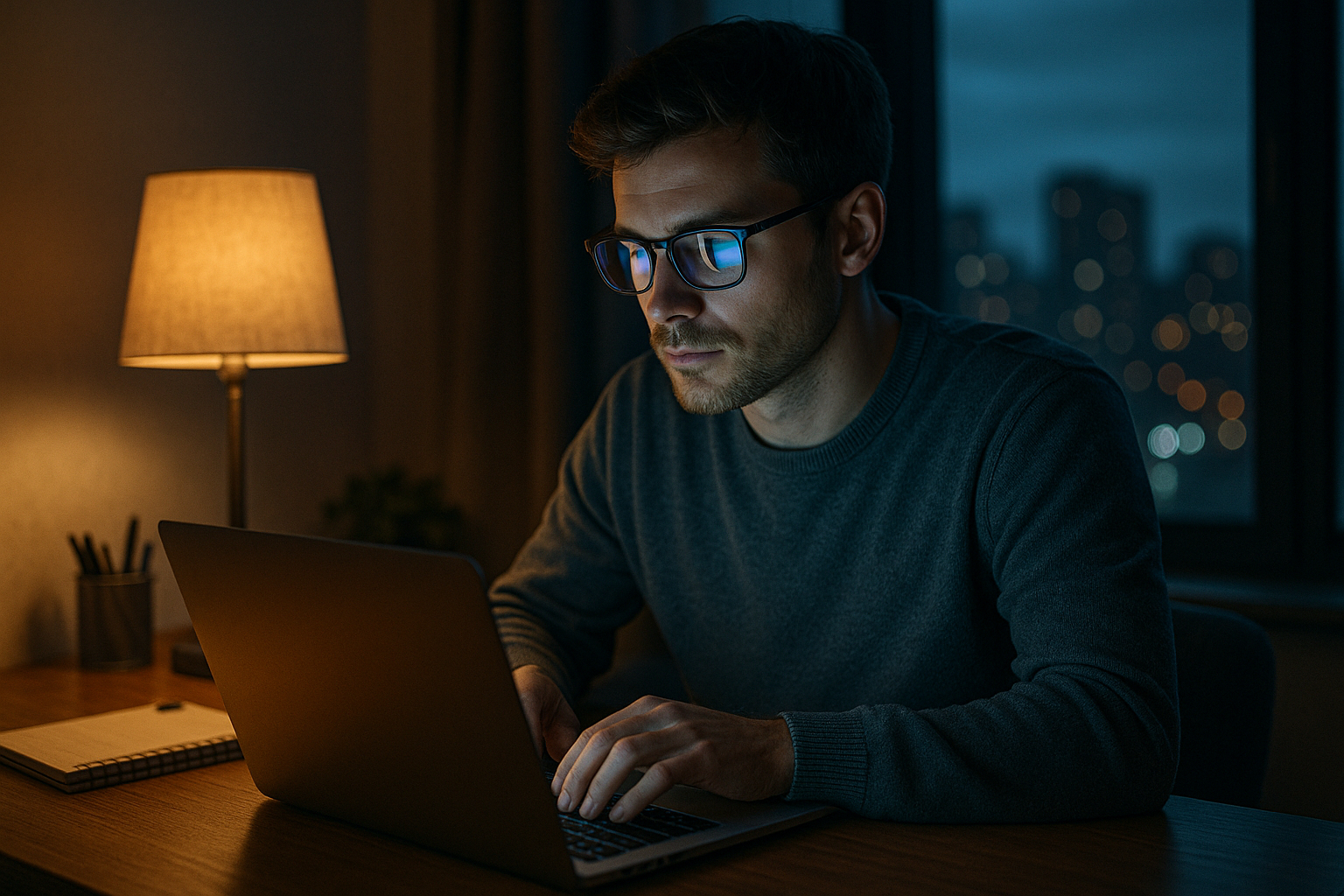 Jeune professionnel portant des lunettes anti-lumiere bleue travaillant le soir