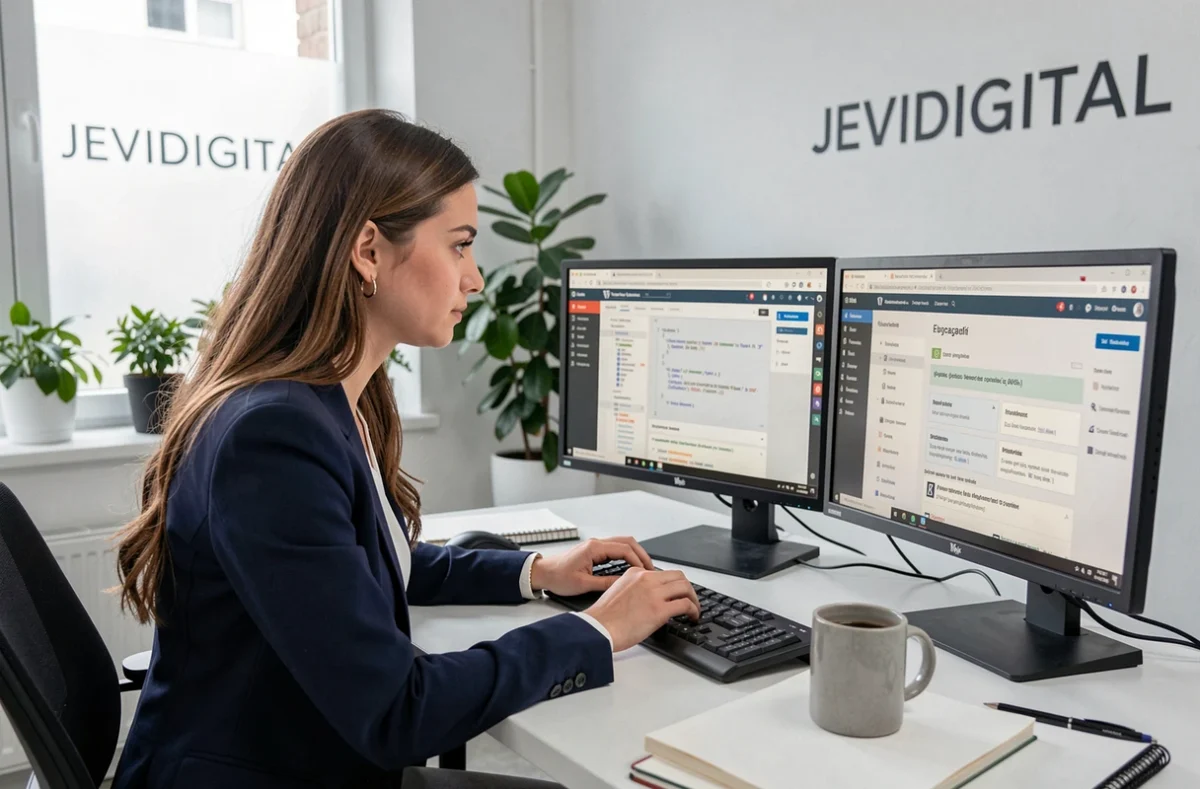 Développeuse WordPress de JEVIDIGITAL travaillant sur une interface web professionnelle