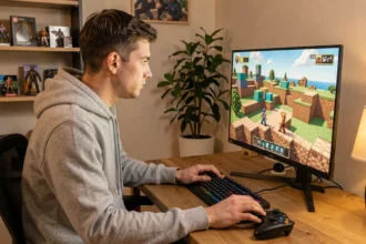 Jeune homme jouant à Minecraft en crossplay sur PC avec une manette posée à côté du clavier, setup gaming à domicile