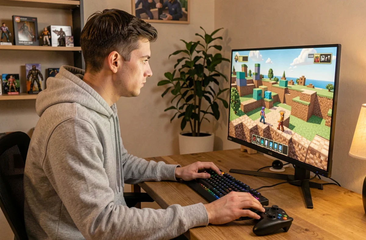Jeune homme jouant à Minecraft en crossplay sur PC avec une manette posée à côté du clavier, setup gaming à domicile