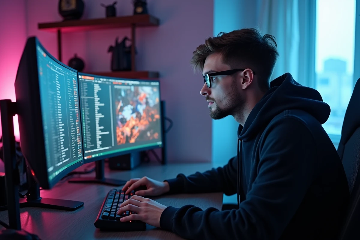 Joueur parcourant une liste de serveurs FiveM sur double écran dans un bureau gaming moderne