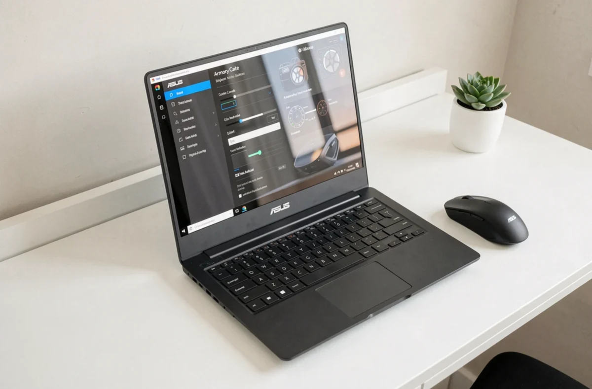 Laptop ASUS ouvert avec Armory Crate affichant les options de mode silencieux et contrôle des ventilateurs