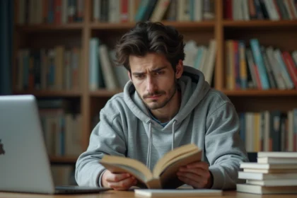 Jeune homme lisant un manga avec un regard sceptique devant un écran affichant un site de scantrad