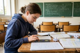 Lycéenne utilisant une calculatrice scientifique Casio sur un bureau en bois entouré de manuels de mathématiques en classe