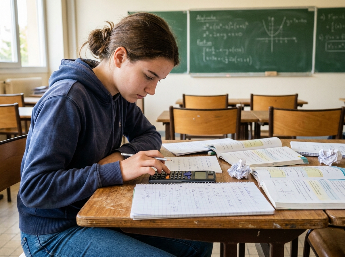 Lycéenne utilisant une calculatrice scientifique Casio sur un bureau en bois entouré de manuels de mathématiques en classe