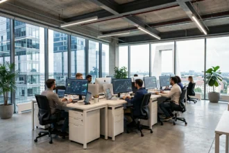 Vue panoramique d'un bureau technologique moderne dans les Hauts-de-Seine avec des professionnels travaillant sur des projets d'intelligence artificielle