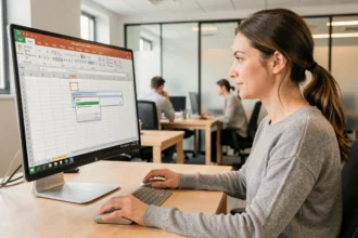 Femme utilisant un menu déroulant dans Excel sur un ordinateur de bureau en open space