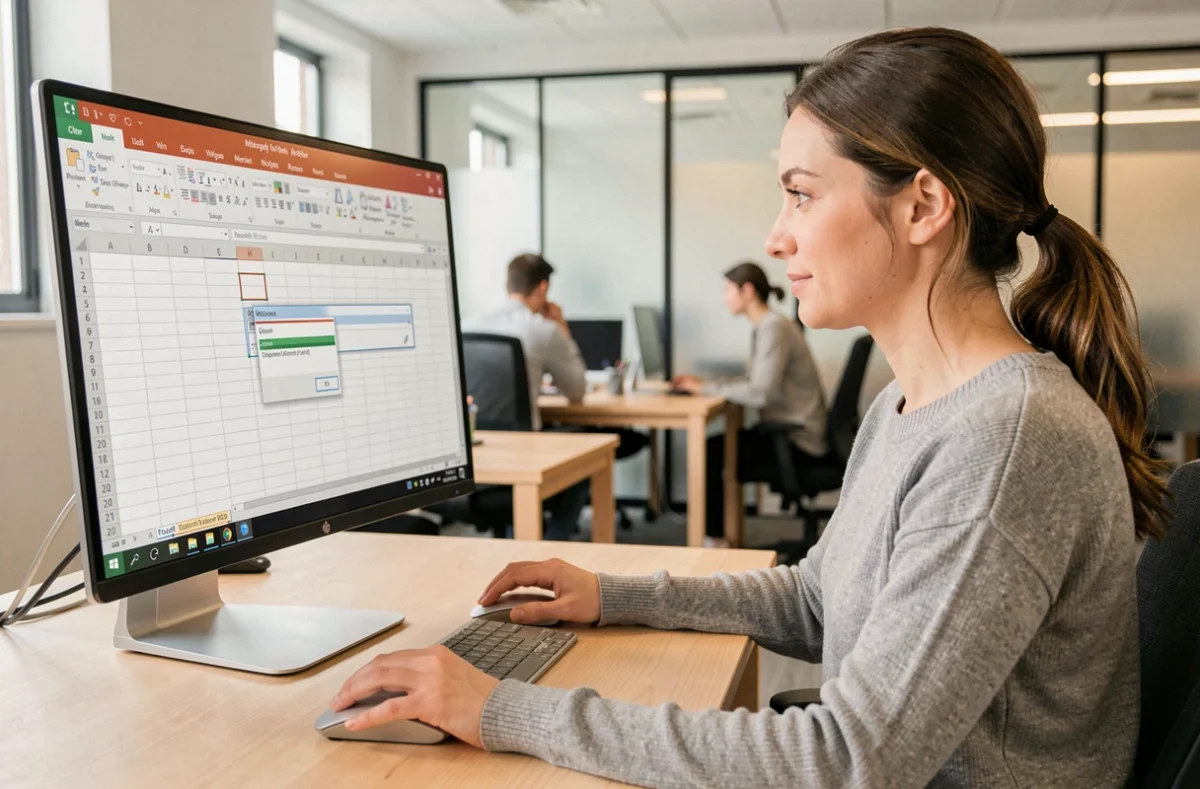 Femme utilisant un menu déroulant dans Excel sur un ordinateur de bureau en open space