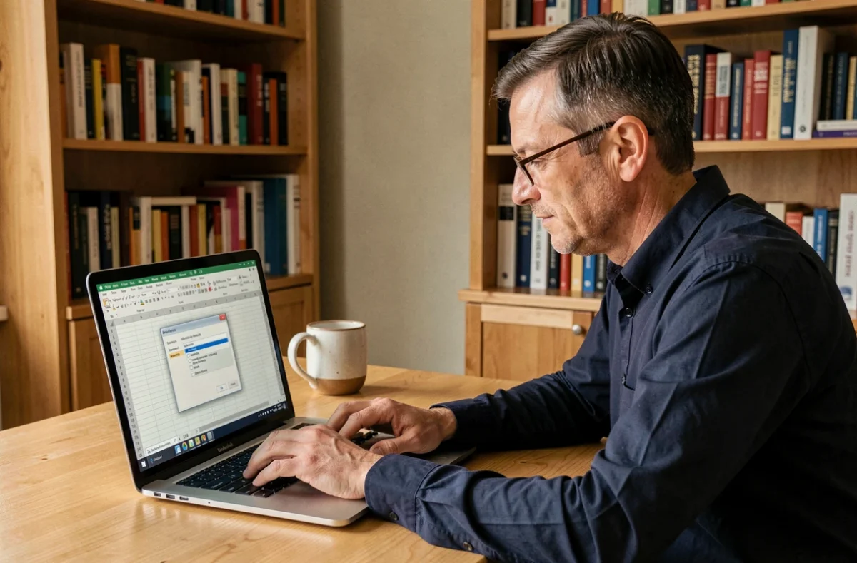 Homme consultant un menu déroulant Excel sur un ordinateur portable dans un bureau à domicile