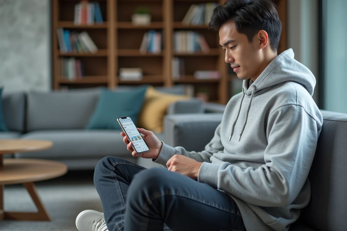 Jeune professionnel consultant sa messagerie EDF sécurisée sur smartphone dans un appartement moderne