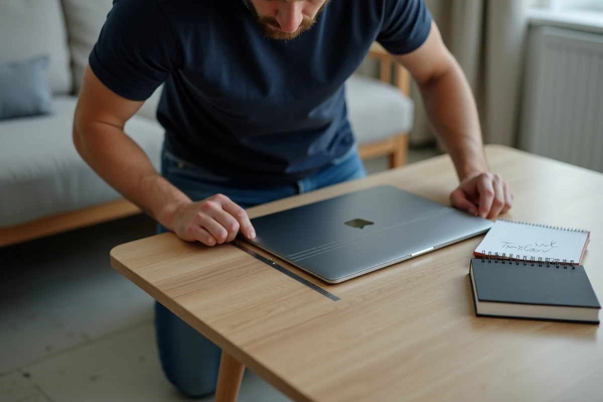Homme mesurant la largeur d'un MacBook fermé avec une règle rigide posée sur une table basse minimaliste