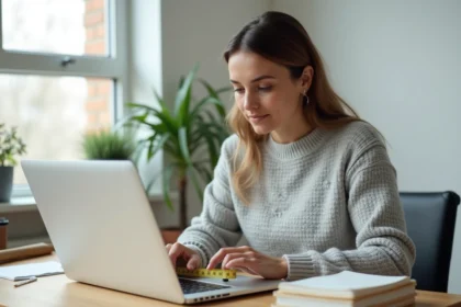 Femme mesurant la diagonale d'un MacBook 13 pouces avec un ruban de couturière sur un bureau en bois