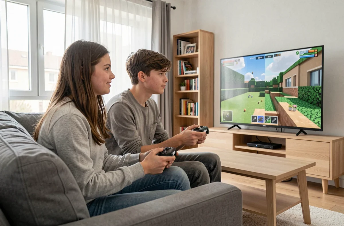 Deux adolescents jouant ensemble à Minecraft en crossplay sur console et PC depuis le salon, mode multijoueur