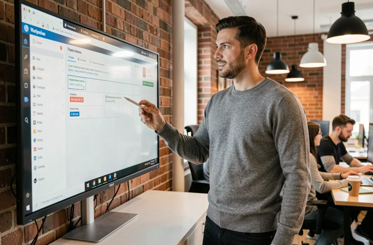 Développeur de l'agence NEWP présentant un prototype de site WordPress sur grand écran