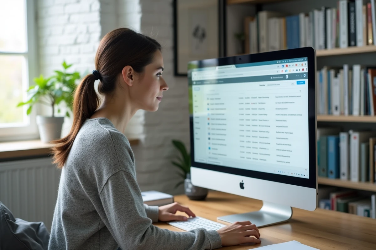 Femme organisant sa boîte mail webmail Rennes sur un bureau moderne à domicile