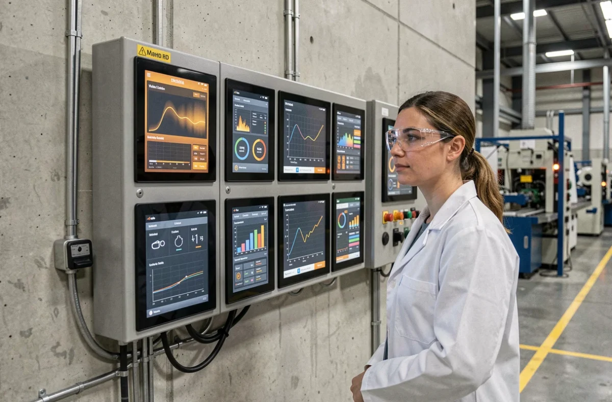 Ingénieure consultant un panneau de contrôle IoT industriel avec interfaces graphiques embarquées en usine