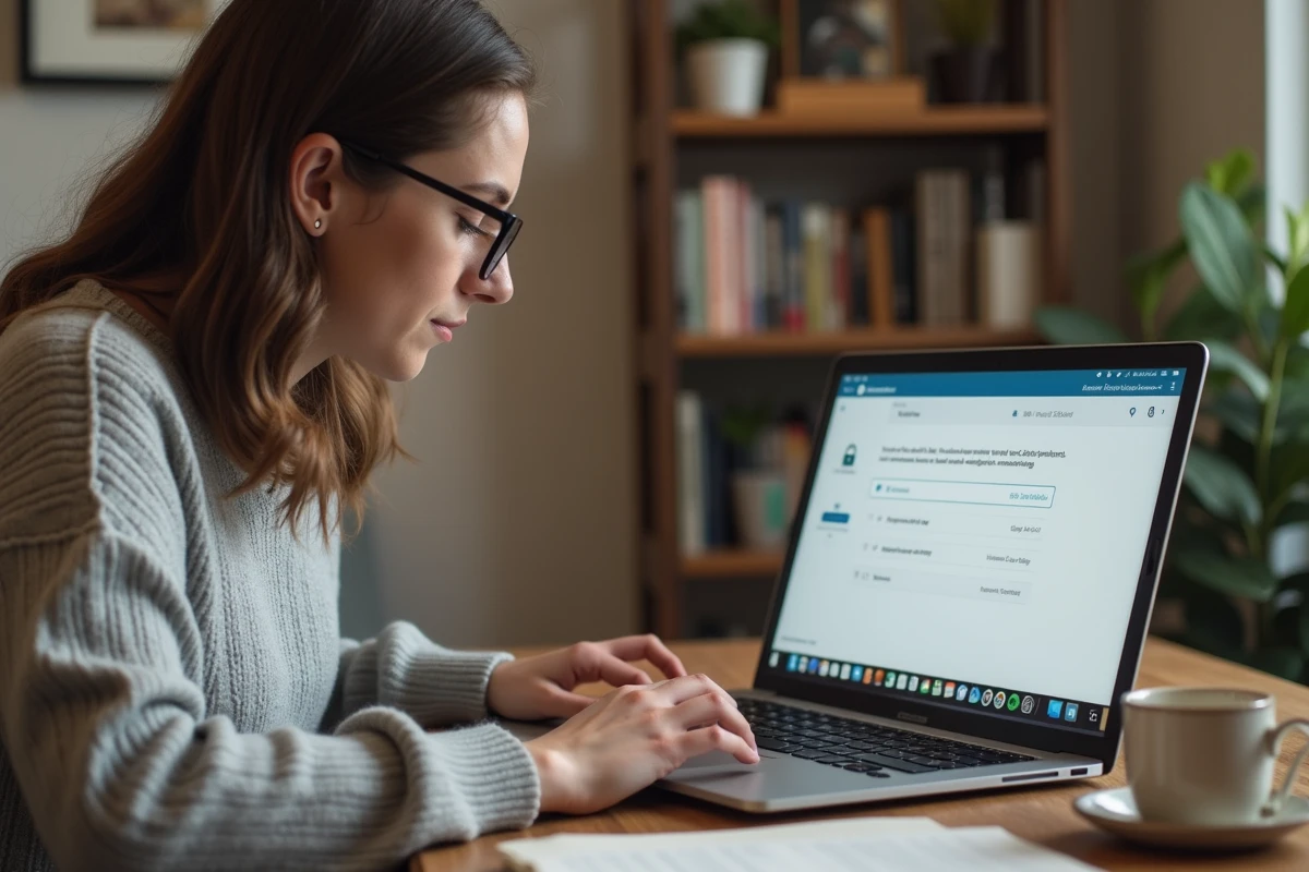 Femme configurant les paramètres de réception des emails avec protocoles SSL et TLS sur un ordinateur portable à domicile