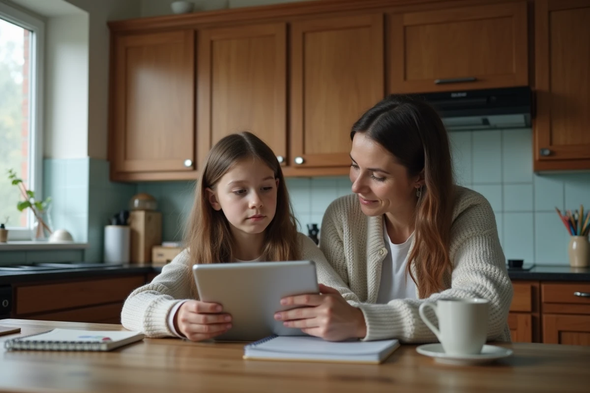 Mère aidant sa fille adolescente à naviguer sur l'ENT 41 depuis une tablette en cuisine