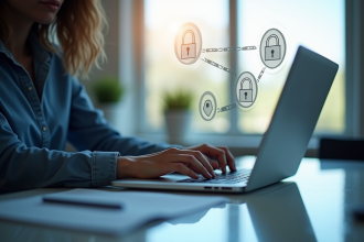 Personne travaillant sur un bureau moderne avec icônes de sécurité email