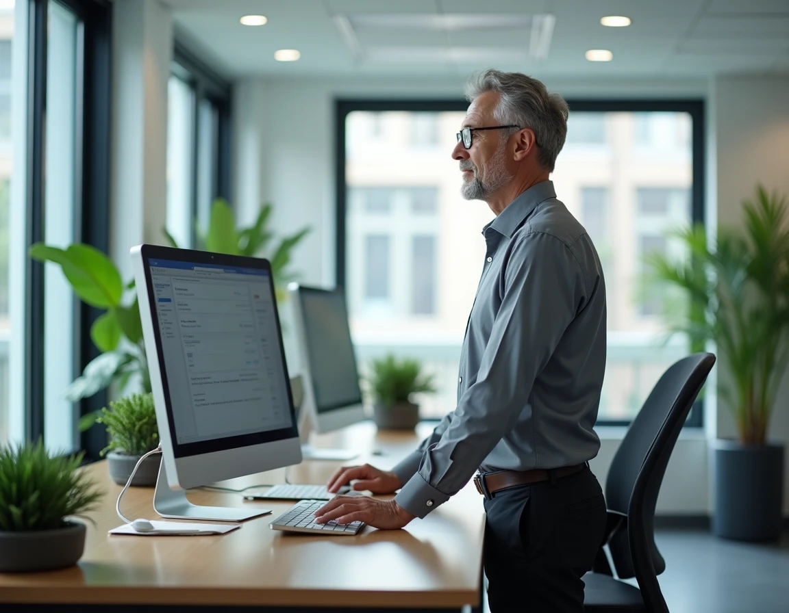 Personnel administratif scolaire accédant à une messagerie webmail sur un ordinateur de bureau dans un bureau d'administration éducative