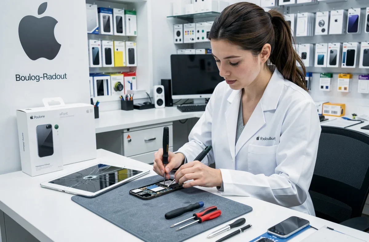 Technicienne de Phone Clinique Boulogne-Billancourt réparant un iPhone avec un iPad endommagé posé à côté sur le comptoir