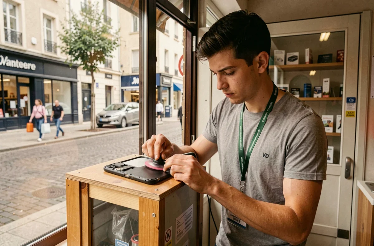 Réparateur de Pixou Phone Nanterre travaillant sur un smartphone lors d'une ouverture dominicale